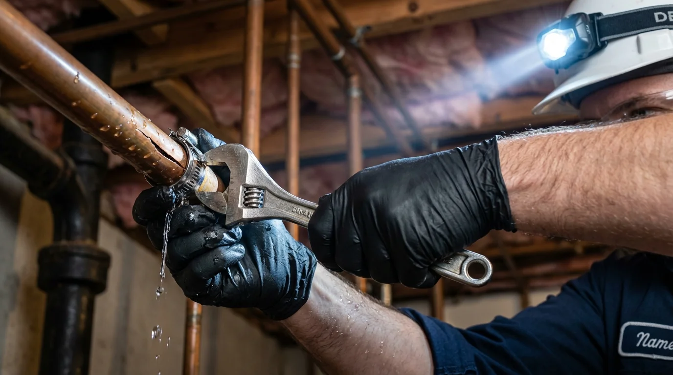 Emergency pipe clamp repair being performed by a Johns Plumbing LLC plumber in Provo