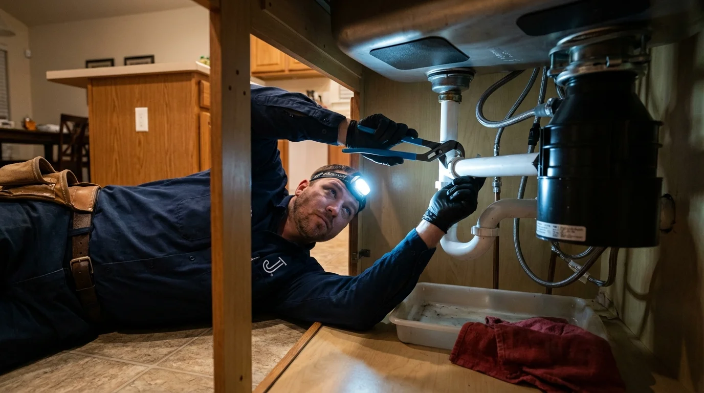 P-trap and supply line connections under a kitchen sink showing a common leak point in Provo, UT